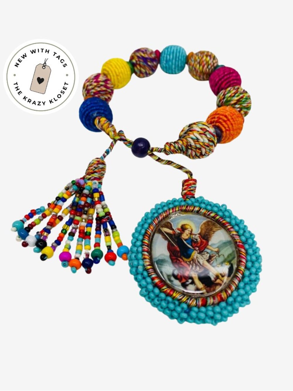 Artisan Virgen de Guadalupe & St. Michael Bracelet NWT Handmade Beaded Catholic